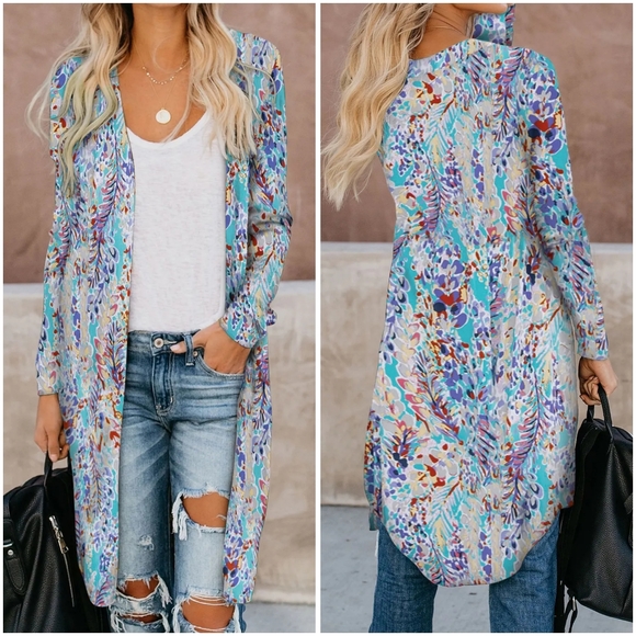 Printed Open Front Longline Cardigan - Picture 1 of 3
